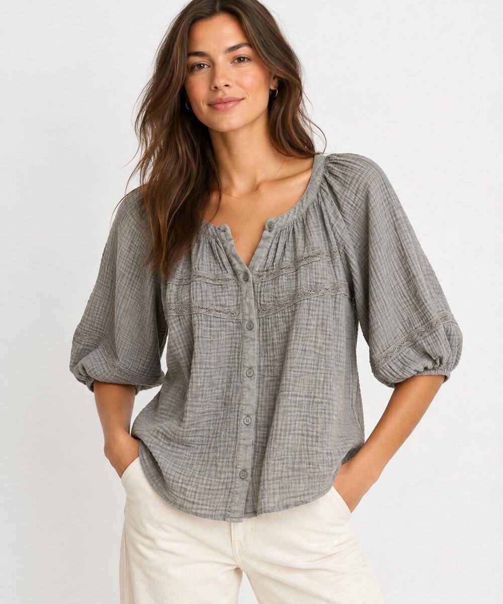 Marine Layer Sage Green Puff Sleeve Button Front Blouse S